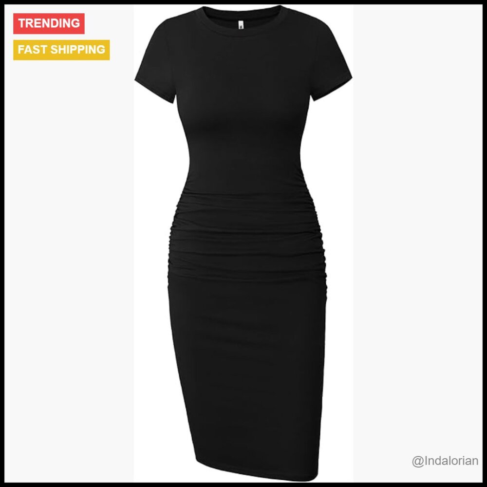 Short Sleeve Ruched Midi Bodycon Dress With Recycled Material